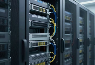 A neat, complex commercial server room with perfectly labeled and organized cabling, demonstrating precision in large-scale electrical projects.