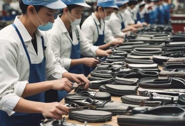 A close-up of high-quality sneakers lined up in a bright, modern warehouse.