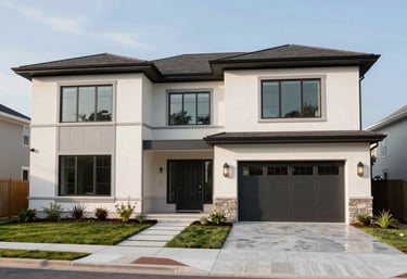 A wide-shot of a stunningly transformed modern North American / US home exterior with sleek, clean lines.