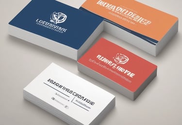 Close-up of vibrant business cards and custom stamps laid out on a desk.