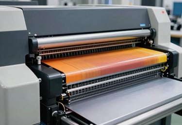 A professional printing and publishing environment in Slovakia, showing high-end equipment in operation with a focus on vibrant colors and modern industrial design.