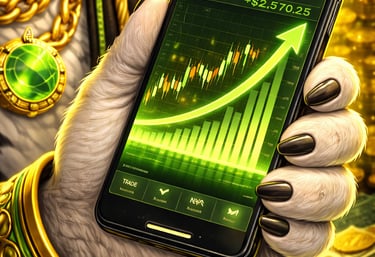 A furry white paw holding a smartphone displaying a bullish stock market trading app with green profit charts.