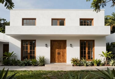 A beautiful contemporary white house in Veracruz, Mexico, showing its facade with wooden doors and lush green landscaping. Daylight photography.