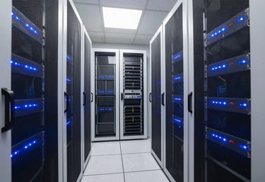 A secure, high-tech server room in a North American / US data center, showing Steel Blue LED lights and a clean, organized Off-White environment.