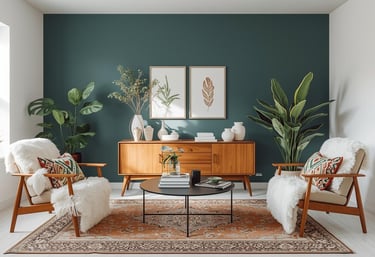 A bright, airy living room featuring minimalist decor, lush indoor plants, and soft natural light. T