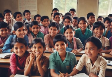 Happy children in a rural classroom engaged in learning with teachers from india