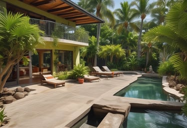 A well-maintained rental property surrounded by lush tropical plants under a bright blue sky.