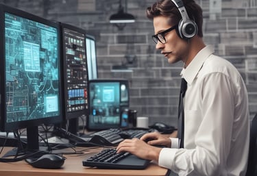 Technician working on a computer with AI-powered diagnostic software on the screen.