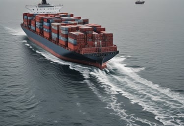 A modern cargo ship loaded with containers sailing under a clear blue sky.