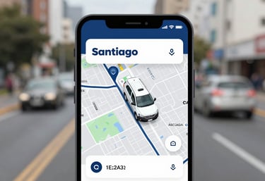 A screenshot of a mobile app interface showing a real-time tracking of a service vehicle on a map of Santiago, colors #1E2A3A and #B2C6D9.