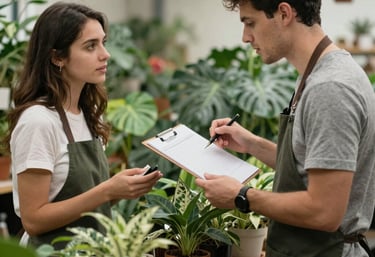 A vibrant indoor plant shop with lush greenery and cozy decor.