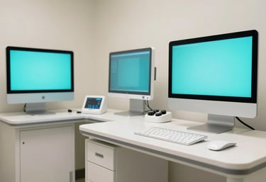 A modern, high-quality North American / US medical diagnostic room, featuring clean Off-white surfaces and Soft Aqua technology displays.