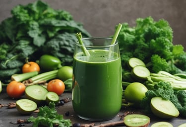A cheerful person enjoying a fresh green smoothie made from supergreens.