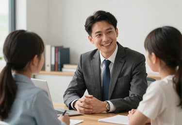 A professional North American / US attorney in a business casual suit speaking warmly to a young family. The setting is a bright, airy office with books and a wooden desk, emphasizing reliability and empathy.