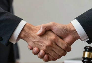 A close-up photography of a firm handshake between two people in a professional North American setting, symbolizing trust and a legal agreement.