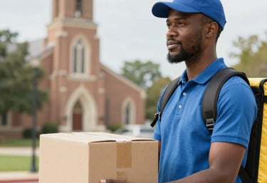 A friendly logistics coordinator discussing routes with a truck driver beside a freight truck.