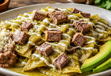 Chilaquiles tradicionales verdes con arrachera, crema, queso ranchero y aguacate