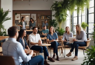 A relaxed group of employees participating in a corporate emotional wellness session.