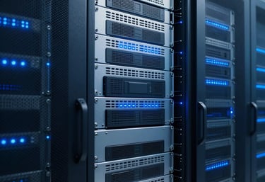 A clean, organized server rack with blue glowing lights in a secure, modern data center facility, representing technical reliability, navy blue and steel blue palette.