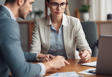 Professional consultant discussing financial documents with a client in a modern office.