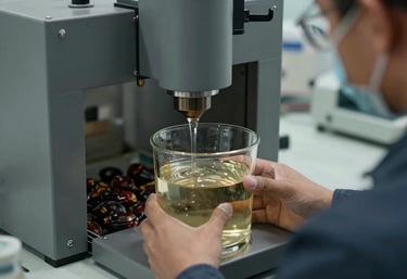 A professional quality inspection scene in a palm oil facility, showing clear liquid in a glass container. International / Global standards. Neutral lighting, charcoal grey and muted sage blue colors.
