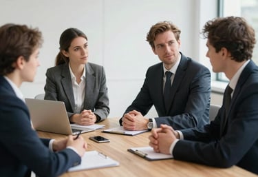 A professional Northern European business meeting environment with clean aesthetics, soft focus on people discussing strategy around a light wood table.