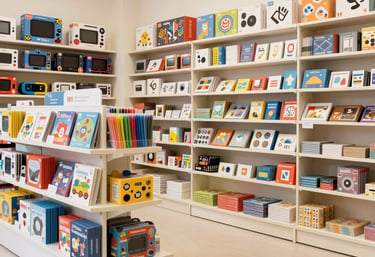 A colorful display of toys, games, and art supplies arranged on a bright table with happy children and adults engaging together.