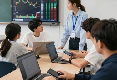 Photo of a focused mentor explaining stock charts to a small group of students in a modern classroom.