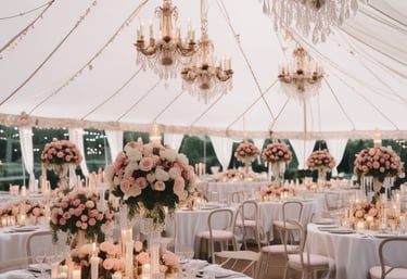 A soft pastel-toned arrangement of candles, fresh flowers, and artisanal soaps on a wooden table.