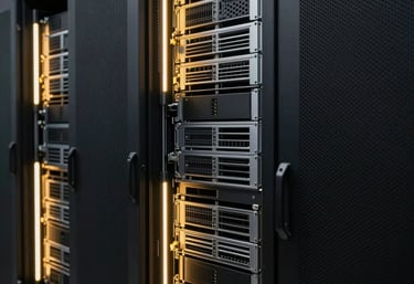 Photography of a modern high-tech server room with golden LED accents, symbolizing the strong and fast infrastructure of the server.