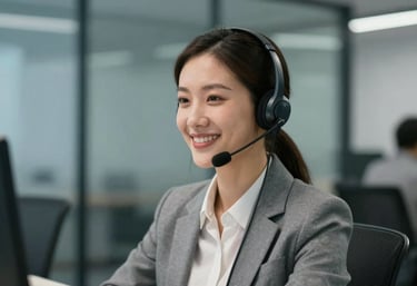 A professional portrait of a friendly and capable customer service representative wearing a sleek headset. They are smiling in a modern office with muted blue-grey glass partitions in the background.