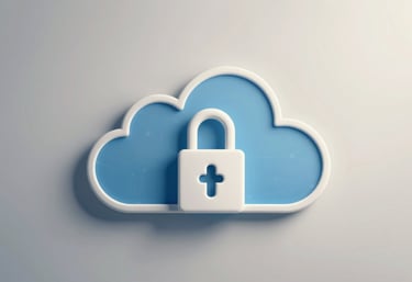A modern digital connectivity symbol representing cloud data security in a medical context, soft blue and off-white tones, clean professional style.