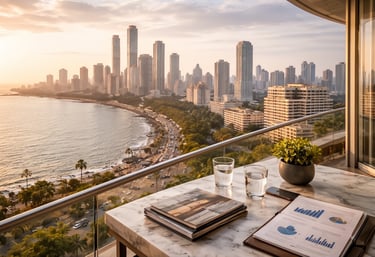 Mumbai sea view apartment balcony overlooking Marine Drive skyline – real estate investment consulting by Safari Landmark
