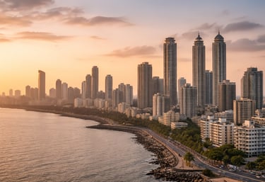 Mumbai skyline with coastal road and high-rise buildings representing real estate advisory by Safari Landmark