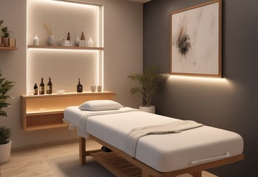 a massage room with a white bed and a table