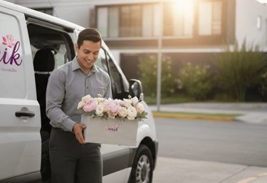 Repartidor profesional de flores transportando una caja con peonías 