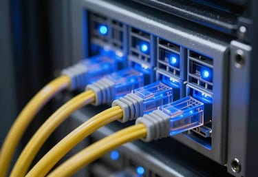 Macro shot of organized network cables and servers in a data center, glowing blue LED lights, representing technical stability and reliability.