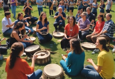 Close-up of hands gently playing a traditional drum during a workshop.