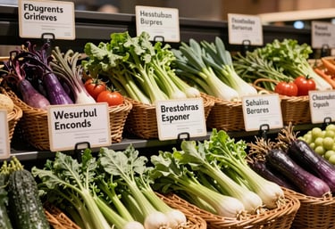 A high-end modern food market stall featuring organic vegetables in wicker baskets with crisp parchment signage, Western European / North American.