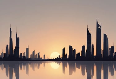 A sleek, modern Yas Island luxury villa exterior at sunset, showcasing elegant architecture and palm trees.