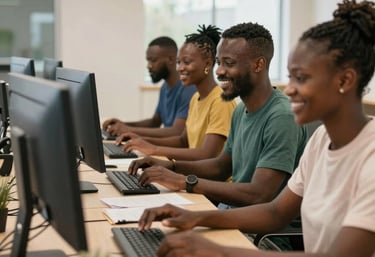A team of professionals collaborating over complex data visualizations on multiple screens.
