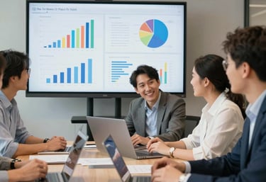 A team of professionals collaborating over laptops in a bright, modern office space.