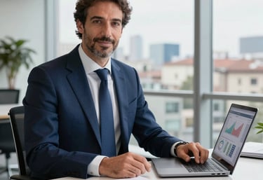 Modern office workspace with international business maps and technology.