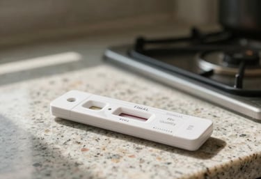 A final air quality test kit sitting on a clean granite countertop in a sunlit Orlando kitchen, signifying a safe and restored home environment.