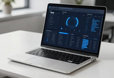 A sleek, silver laptop on a modern white desk showing a sophisticated data dashboard in a bright US office, with blue accents.