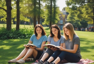 A friendly consultant discussing study options with a young student in a bright office.