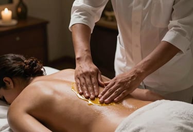 South Asian therapist's hands applying golden massage oil to a client's back in a dimly lit, professional luxury treatment room.