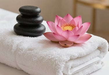 A serene photography shot of folded white luxury towels topped with a single pink lotus flower next to a set of stacked black therapy stones. The background is a soft-focus beige spa interior with gold accents.
