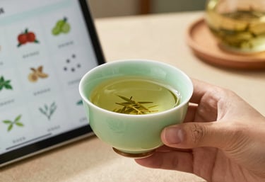 Detail shot of a professional hand holding a light green herbal tea cup next to a modern tablet displaying health charts in a North American setting.