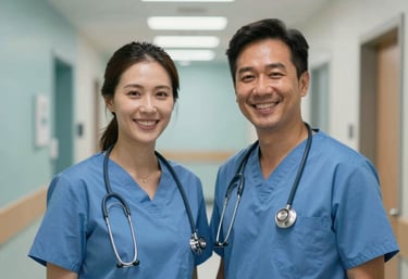 A portrait of two healthcare professionals in North American medical attire, smiling warmly and standing in a modern clinic hallway. The background is softly blurred, showing muted teal walls and bright, even lighting, conveying trust and professionalism.